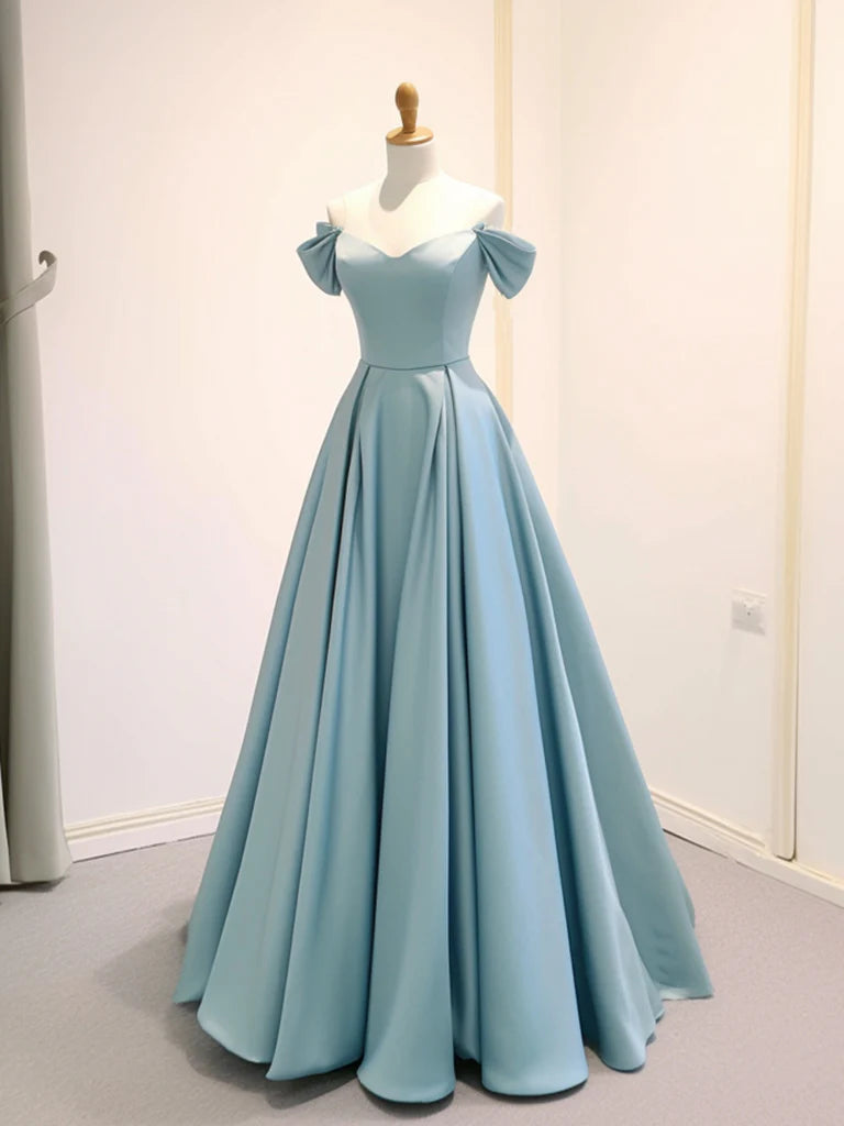 Wholesale A-Line Off Shoulder Satin Blue Long Prom Dress Blue Long Formal Dress gowns evening dresses